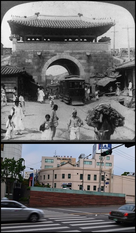 Gambar atas adalah Donuimun Gate, Seoul yang diambil gambarnya oleh Horace Grant Underwood di tahun 1904. Gambar bawah adalah Donuimun gate Memorial, Seoul  (photo source credit to : Wikipedia)